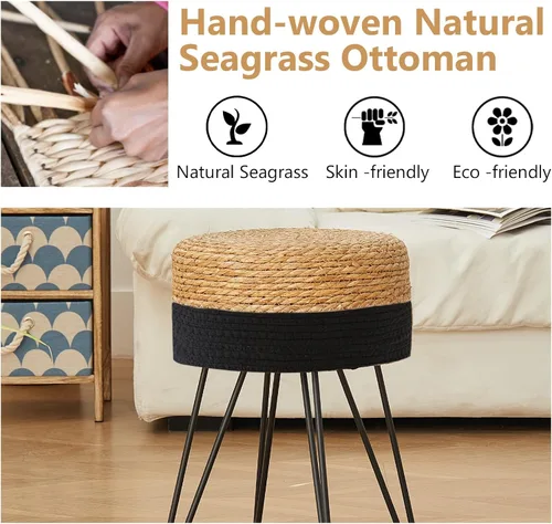 Vista 3 de Taburete de maquillaje de tocador, taburete otomano de pasto natural tejido a mano, taburete moderno multifuncional, taburete de tocador
