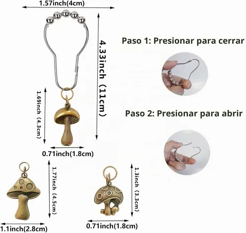 Vista 2 de Ganchos de cortina de ducha con forma de hongo, 12 piezas de metal resistente a la oxidación, lindos ganchos de cortina de ducha retro
