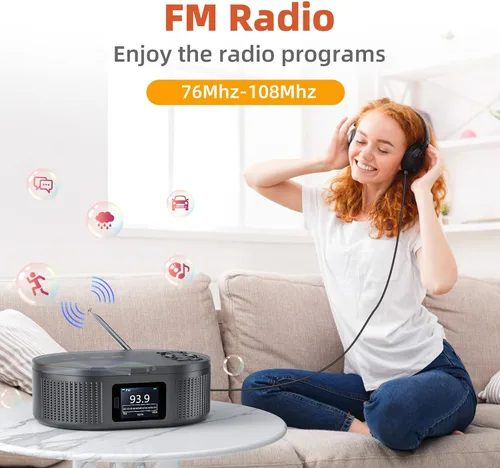 Vista 4 de DESOBRY, Reproductor de CD Boombox portátil con modos Bluetooth TX/RX y Negro