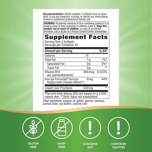 Vista 5 de Nature's Way Hierro energizante - Soporte de glóbulos rojos* - 8 mg de hierro, -200 mcg de cianocobalamina y vitamina B12 por porción de 2 cápsulas