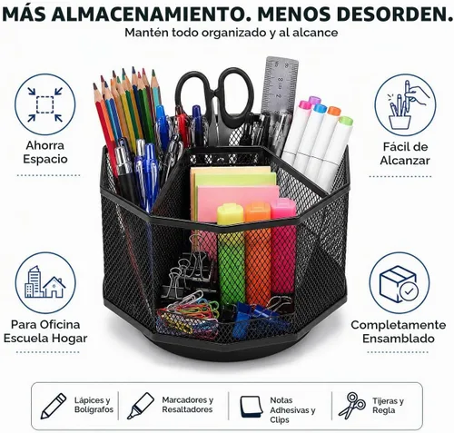 Vista 5 de Exerz Organizador de escritorio 360 Rotatorio Portalápices 5 Compartimentos Negro