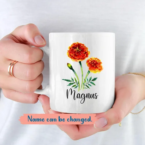 Vista 2 de Taza de cerámica de flor de caléndula personalizada, taza de café de flores con nombre personalizado, taza de café de flores lindas para amantes