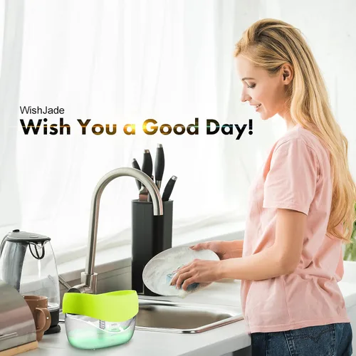 Vista 6 de Dispensador de jabón para platos con soporte de esponja para fregadero de cocina, juego de dispensador de bomba de jabón 2 en 1, útil dispensador