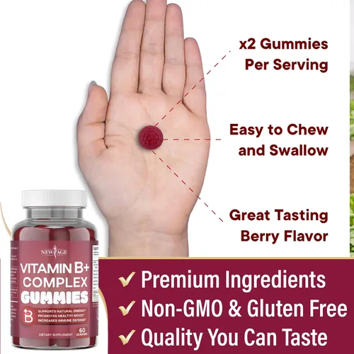 Vista 5 de NEW AGE - Gomitas de complejo de vitamina B con vitamina B3, B5, B6, B7, B9 y B12, con biotina, ácido fólico y vitamina C, sin gluten, veganas
