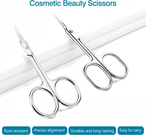 Vista 2 de Paquete de 2 tijeras para cutículas y tijeras de aseo extrafinas para manicura y pedicura, hoja curvada precisa punta puntiaguda kit de aseo