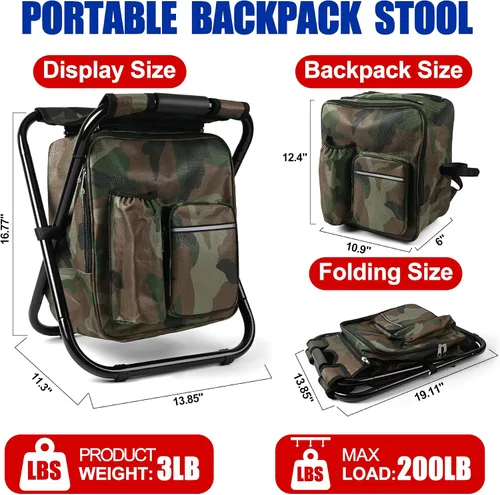 Vista 2 de Kikerike Mochila plegable con aislamiento, silla plegable para camping, caza, pesca, multifunción con bolsillo frontal y bolsillo para botella