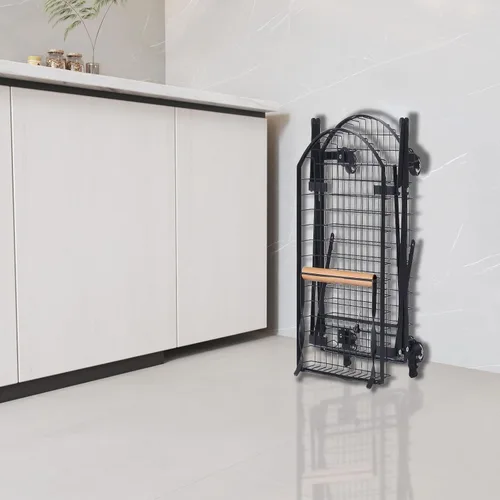 Vista 8 de Carrito plegable multiusos de 2 niveles, carrito de compras plegable móvil con caja de almacenamiento de ruedas y mango de madera para oficina, sala