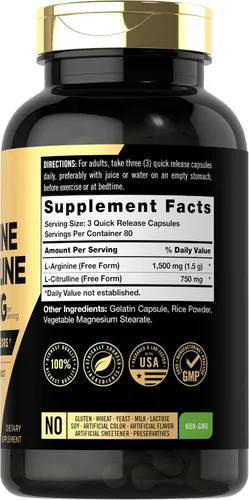 Vista 2 de Carlyle L-Arginina L-Citrulina Suplemento 2250 mg 240 cápsulas en polvo Precursores de óxido nítrico Forma libre Sin OMG y sin gluten