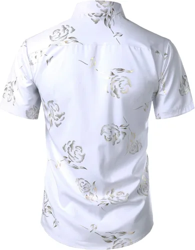 Vista 2 de ZEROYAA Camisas de vestir de manga corta con botones y estampado de rosas doradas para hombre