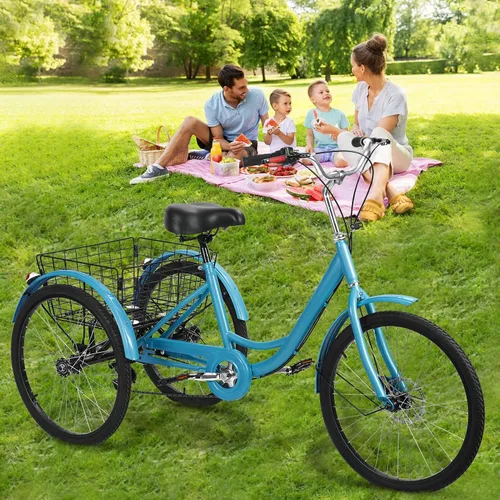 Vista 6 de Triciclo para adultos de 7 velocidades, bicicletas de 3 ruedas de 24 pulgadas, bicicleta de triciclo para adultos con cestas extraíbles, bicicleta