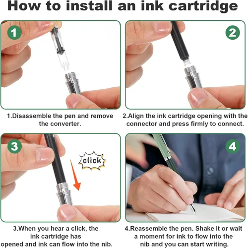 Vista 4 de cobee Plumas estilográficas de metal con 10 cartuchos de tinta negra, pluma estilográfica de punta fina de 0,5 mm, pluma de caligrafía de escritura