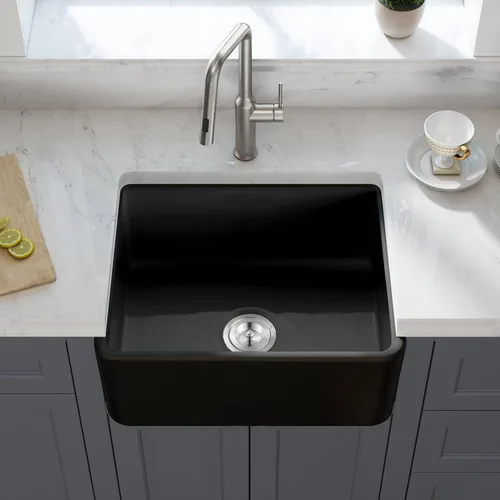 Vista 2 de KIBI Pure - Fregadero de cocina de arcilla refractaria de 24 pulgadas, diseño frontal de delantal de un solo tazón, acristalamiento resistente al