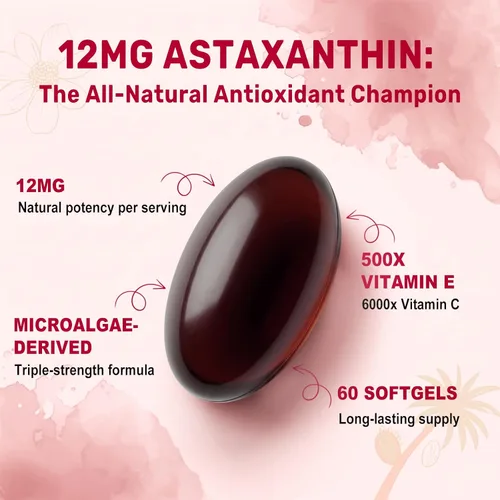 Vista 3 de BEWORD Astaxantina 12 mg con aceite MCT, 60/120 cápsulas blandas, suministro para 2 meses Suplementos antioxidantes premium Microalgas