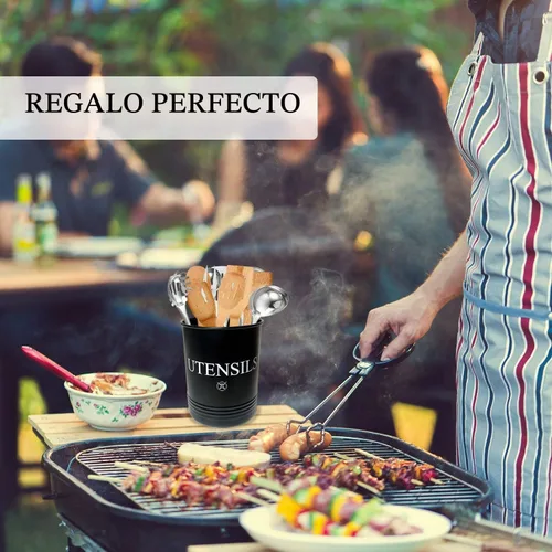 Vista 4 de Soporte grande para utensilios de cocina, color negro, organizador de utensilios de cocina de acero inoxidable, soporte de espátula de metal extra