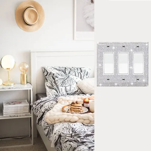Vista 56 de Placa de pared con diamantes de imitación plateados brillantes plateados, placa de cubierta de interruptor de luz, cubierta de enchufe de grano