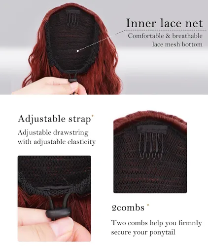 Vista 2 de Extensión de cola de caballo de 26 pulgadas de largo, color negro, para mujer, extensiones de cabello sintético largo rizado ondulado con clip