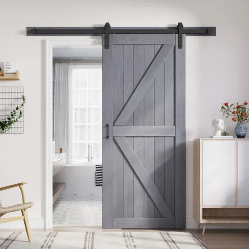 Vista 17 de FREDBECK Puertas dobles grises de 24 x 84 pulgadas, puerta de granero de 48 pulgadas con kit de herrajes para puerta de granero de 8 pies incluido