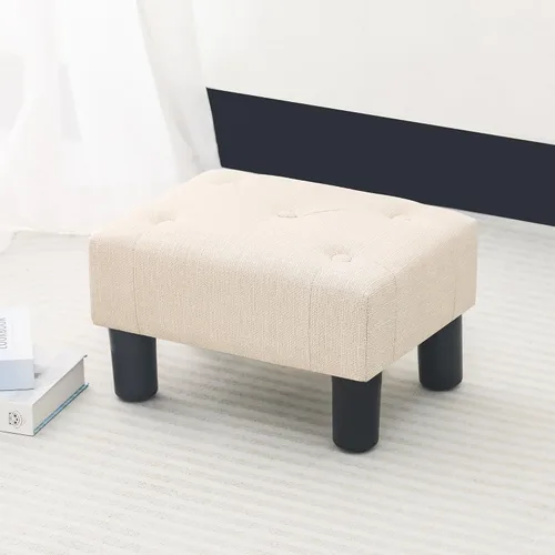 Vista 2 de Adeco Reposapiés otomano tapizado de lino de 15.4 pulgadas, pequeño taburete acolchado y asiento decorativo con patas de aspecto de madera, taburete