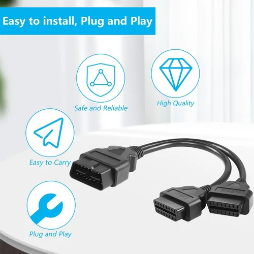 Vista 3 de CERRXIAN 30cm/1ft OBD2 OBDII 16 Pin Splitter Y Cable 1 macho a 2 Cable de extensión hembra