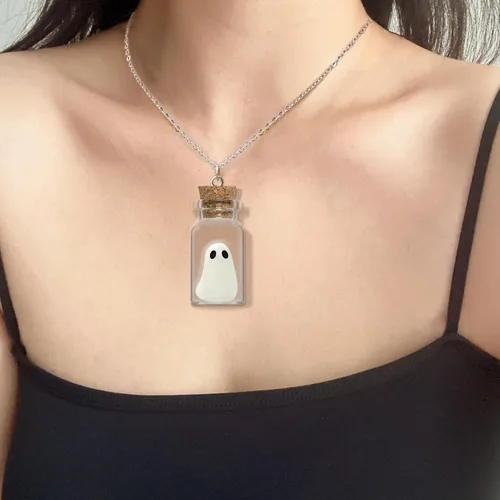 Vista 7 de Collar con colgante de fantasma en una botella, collar de fantasma que brilla en la oscuridad, collar de fantasma, joyería de Halloween para mujeres