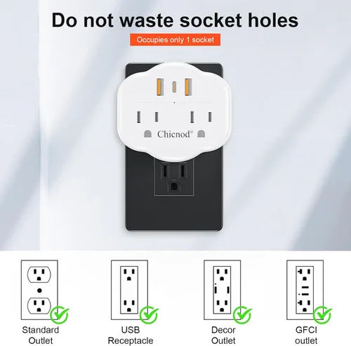 Vista 5 de Extensor de toma de pared 5 en 1 con USB y tipo C, protector de sobretensiones, 2 salidas de CA, 1050J ignífugo, certificado ETL/FCC, compacto