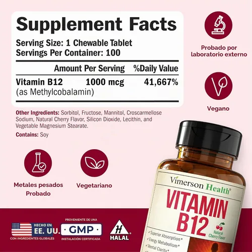 Vista 3 de Vitamina B12 1000mcg - Tabletas masticables de sabor a cereza