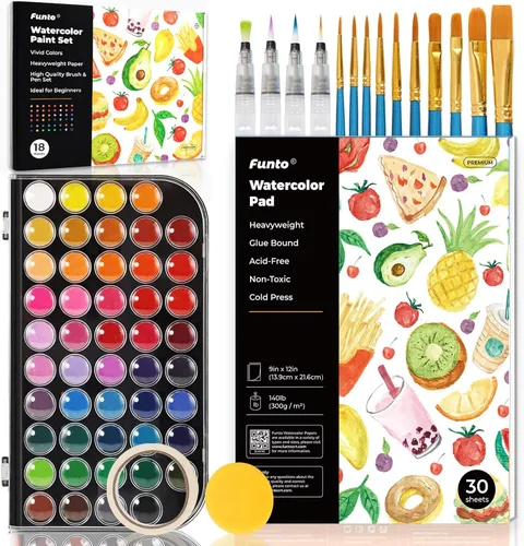 Vista 7 de Funto Juego de pintura de acuarela, 48 colores, bloc de tutorial, 8 pinceles, pincel de agua y más, juego de pintura para adultos, principiantes