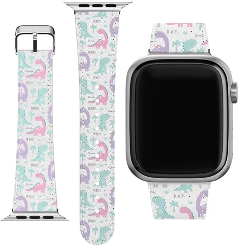 Vista 10 de Correa de muñeca compatible con Apple Watch Series 7/6/5/4/3/2/1/SE y funda de teléfono a juego con estampado rosa, correa de dinosaurios