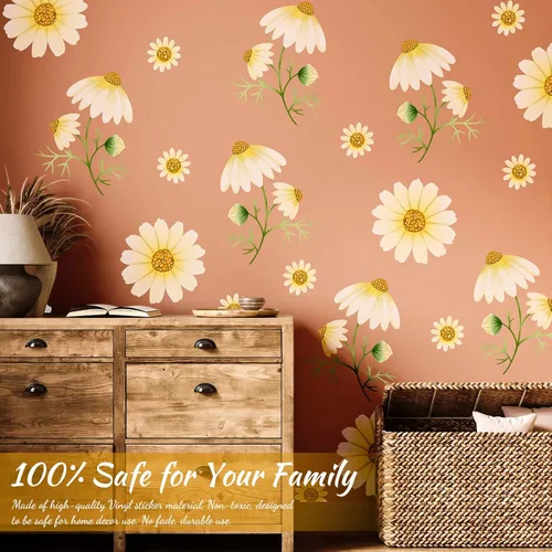Vista 4 de Calcomanías de pared de margaritas para despegar y pegar, calcomanías de pared de vinilo con margaritas amarillas extraíbles, decoración de pared