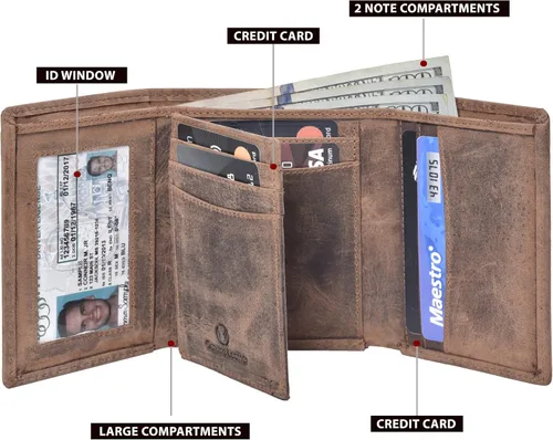 Vista 2 de Cartera Trifold de cuero RFID con 9 ranuras para tarjetas, bolsillo de moneda de bolsillo de 2 notas y ventana de identificación