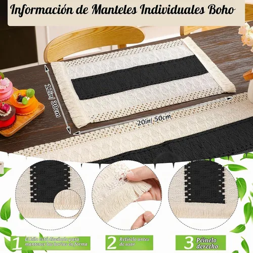 Vista 3 de 6 juegos de manteles individuales boho redondos tejidos, servilletas de tela, anillos para servilletas con cuentas de madera, camino de mesa largo