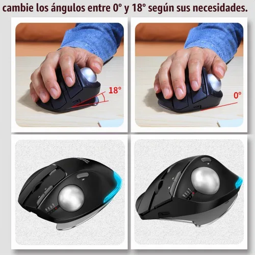 Vista 5 de zelotes Ratón de trackball inalámbrico, mouse Bluetooth, recargable, 4800 DPI, 2 en 1 (BT 5.0/3.0+2.4 GHz receptor USB), 8 botones, diseño Negro