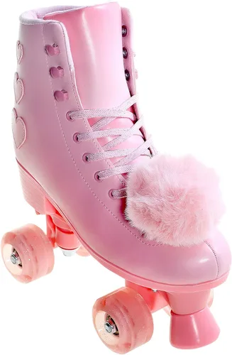 Vista 4 de Patines de ruedas para mujer, patines de piel sintética de alta calidad, cuatro ruedas rosadas brillantes de doble fila, patines cuádruples