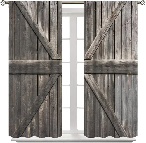 Vista 3 de Cortinas rústicas para dormitorio, puerta de granero antigua, tablero de madera, cortinas para sala de estar, madera rural dura, estilo rural