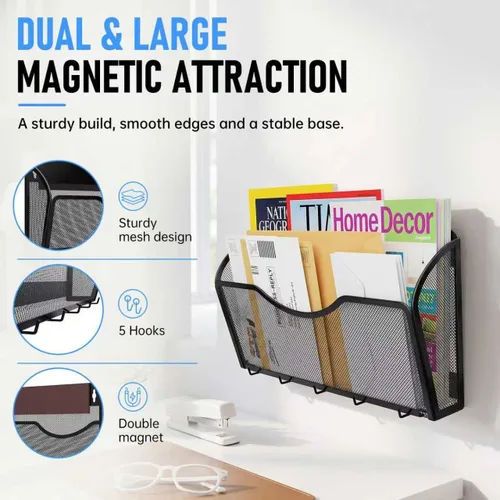 Vista 5 de 6 PCS Magnetic File Holder with Hooks,Magnetic File Folder Holder Organizer Negro