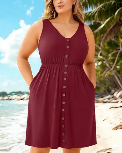 Vista 5 de Holipick Vestidos de verano para mujer, talla grande, casual, con bolsillos, acampanado, con botones, sin mangas, cuello en V