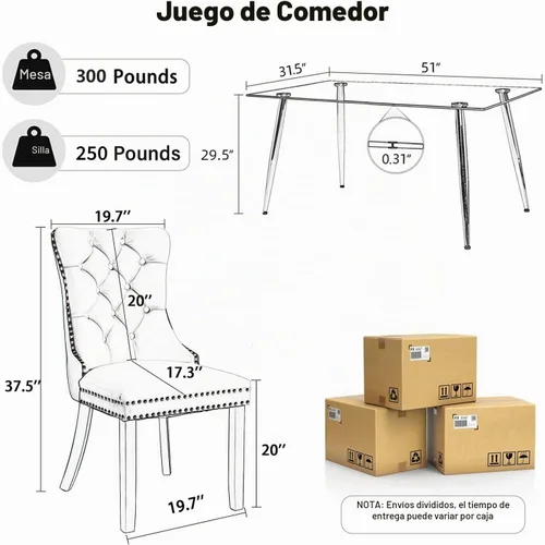 Vista 2 de Baysitone Juego de mesa de comedor de cristal de 51 pulgadas para 4, juego de 5 piezas de comedor moderno, mesa de cocina rectangular de vidrio