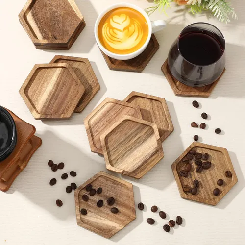 Vista 5 de Zhehao 16 posavasos de madera de acacia de 4 pulgadas a granel, hexagonal