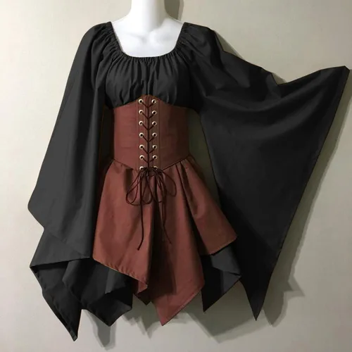 Vista 2 de Black Gothic Dress for Women, Gothic Dress for Women Flare Long Sleeve Retro Costume Dress Medieval Dress