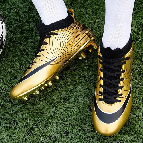 Vista 8 de Botines de fútbol de grado profesional botas de fútbol unisex de alta calidad con picos y suelas de suela dorada para entrenamiento en exteriores e