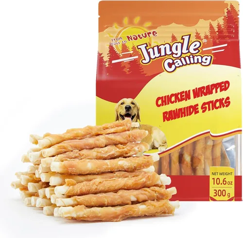 Vista 10 de Jungle Calling Golosinas para perros, palitos de cuero crudo envueltos en pollo para perros, deliciosas y nutritivas golosinas de recompensa