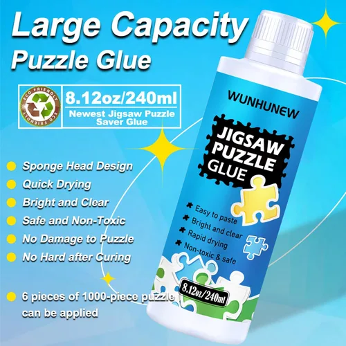 Vista 2 de Pegamento transparente para rompecabezas de 8.1 fl oz con aplicador de cabeza de esponja, marco protector de rompecabezas para rompecabezas
