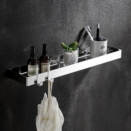 Vista 9 de Wallmounted Bathroom Shelf Floating Organizer with Hooks for Toiletries & Cosmetics 2Tier Black Rectangular Storage Rack for Shower & Kitchen