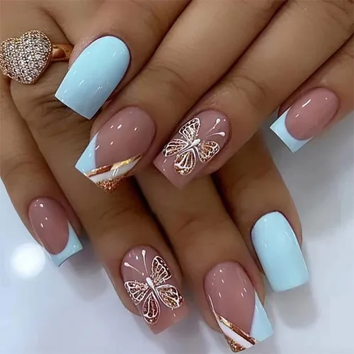 Vista 13 de 24 uñas postizas cortas a presión, color rosa RTKHFZE con diseño de mariposa blanca y diamantes de imitación, uñas postizas cuadradas de cobertura