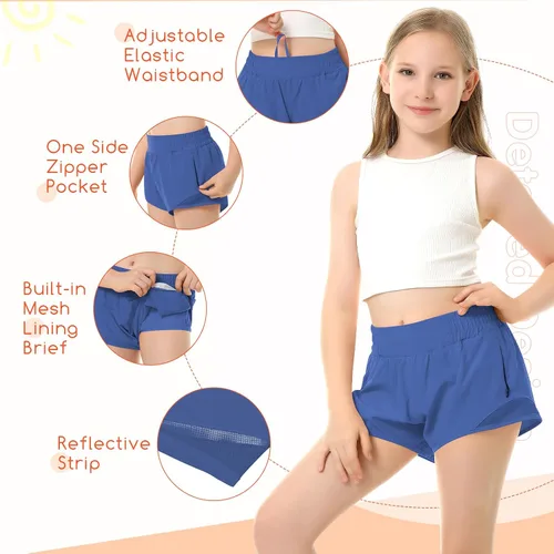 Vista 3 de Pantalones cortos deportivos para niñas, de secado rápido, con bolsillo con cremallera, para adolescentes y niños, pantalones cortos deportivos