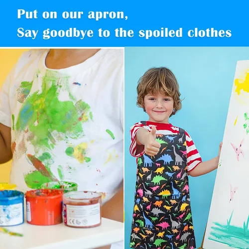 Vista 7 de Delantal de Dinosaurio para Niños Varones con Bolsillo, Delantales de Unicornio para Niñas para Cocinar, Pintar, Delantal de Cocina para Niños de 3