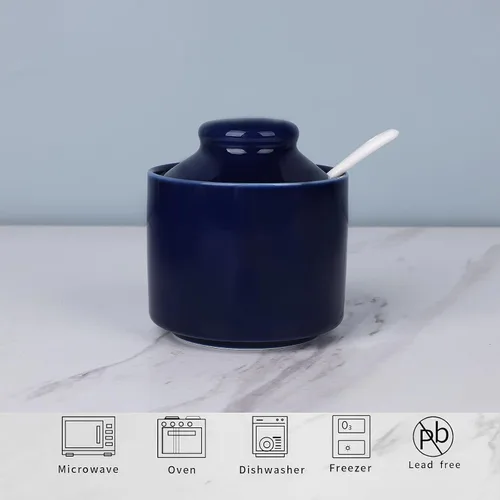 Vista 4 de Azucarero de 8 onzas con tapa y cuchara, frasco de azúcar de cerámica, dispensador de azúcar, contenedor de azúcar, accesorios para cafetería, marino