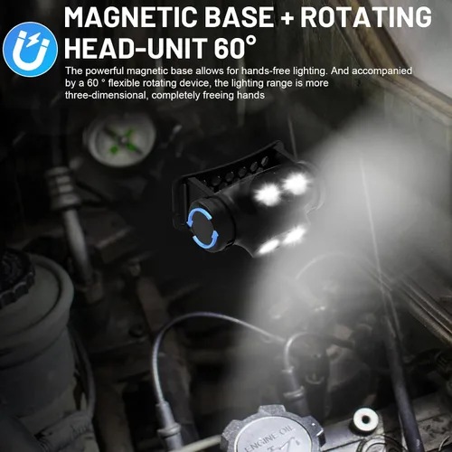 Vista 2 de Linterna frontal magnética recargable de alto lúmenes para camping, senderismo, espeleología, pesca, sensor de movimiento, impermeable, resistente a