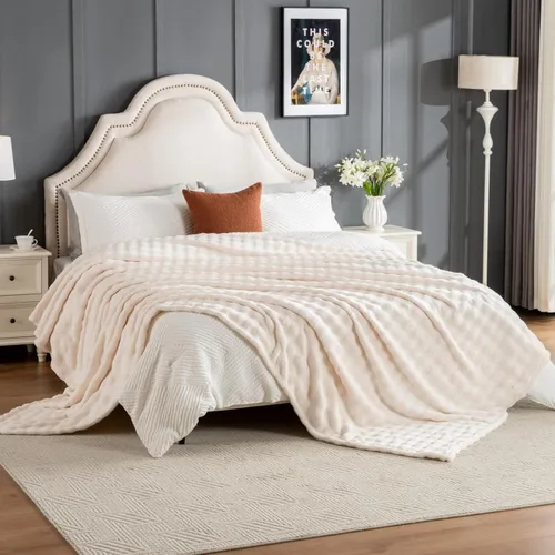 Vista 14 de Manta de Tiro de Piel Sintética Color Hueso para Sofá, Manta Suave y Esponjosa de Burbujas para Cama y Sofá, Manta Gruesa y Cálida de Felpa Difusa