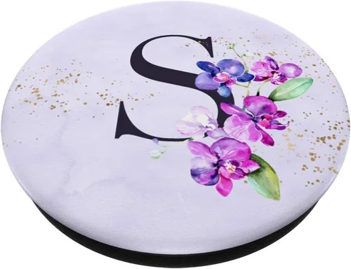 Vista 2 de Orchids Plants Flower - Soporte para teléfonos y tabletas, diseño de letra S, color morado, Negro